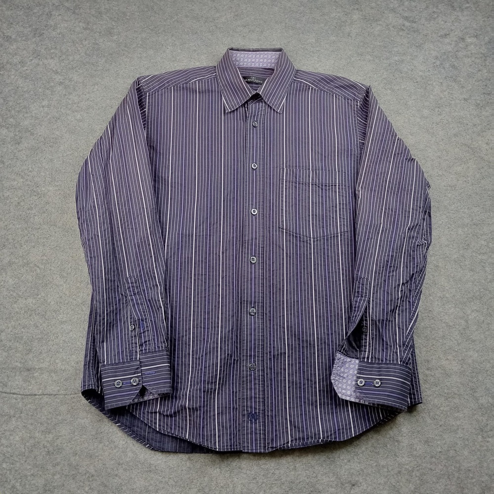 Bugatchi Shirt Mens Medium Purple Stripe Cotton Dress Button Front Long Sleeve